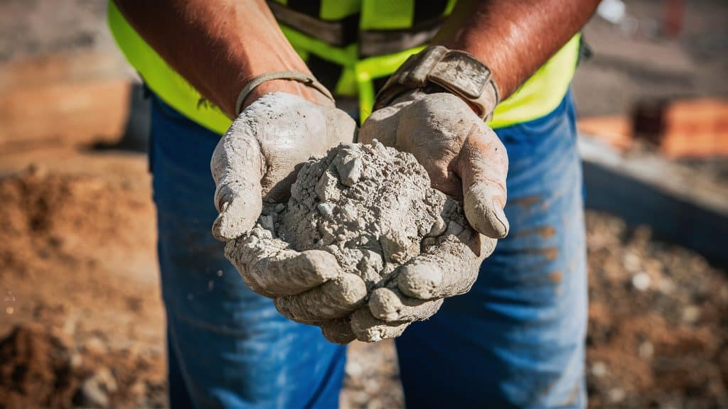 close-up of construction worker holding a concrete mix sample