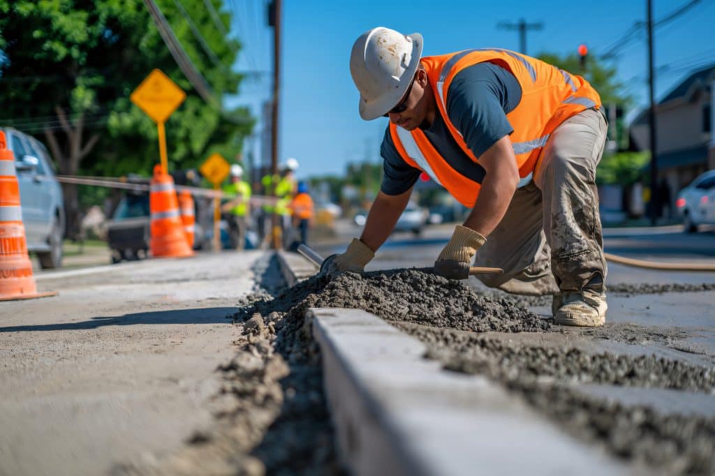 Construction worker smoothing concrete on a sidewalk project, working diligently on a sunny day